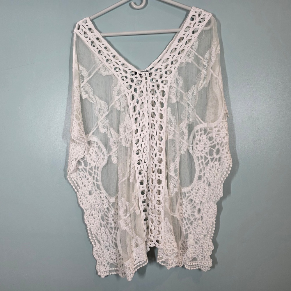 Vivid Womens White Crochet Lace Poncho Top V-Neck Boho Cover Up Style 880 Large